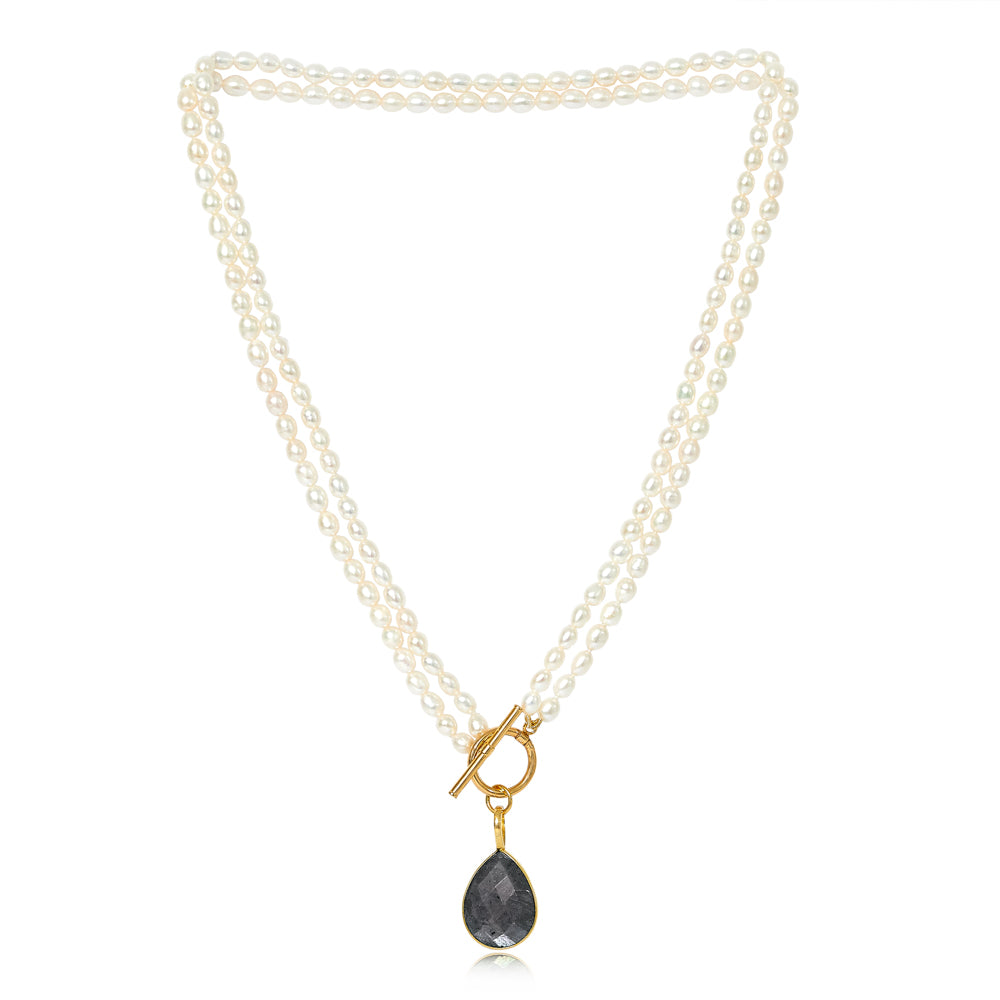 Clara double-strand cultured freshwater pearl necklace with labradorite drop pendant
