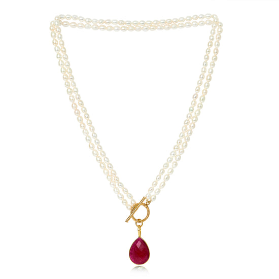 Clara double-strand cultured freshwater pearl necklace with ruby quartz drop pendant