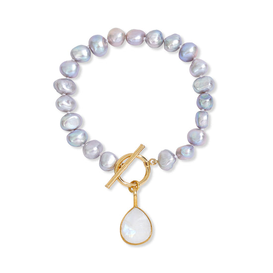 Clara grey cultured freshwater pearl bracelet with a moonstone drop pendant