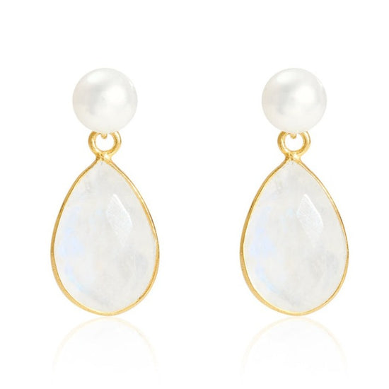 Load image into Gallery viewer, Clara White Cultured Freshwater Pearl &amp;amp; Moonstone Drop Earrings
