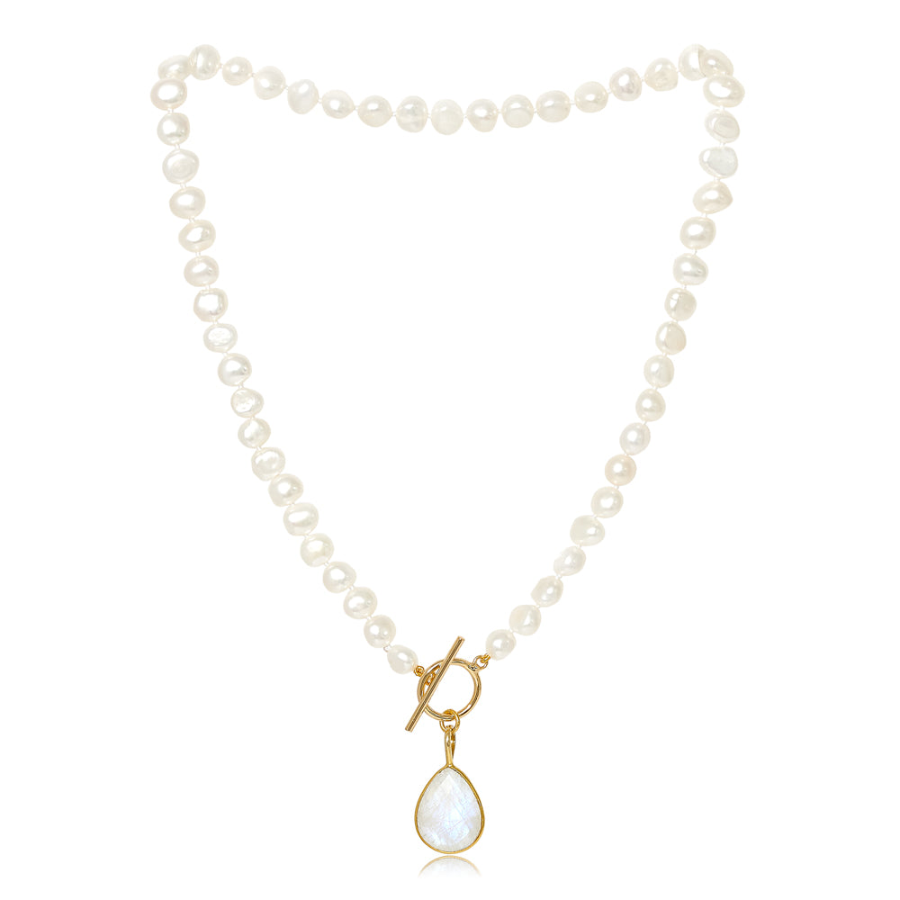 Clara white cultured irregular freshwater pearl necklace with moonstone gold vermeil drop