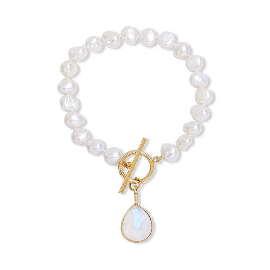 Clara white cultured freshwater pearl bracelet with a moonstone drop pendant
