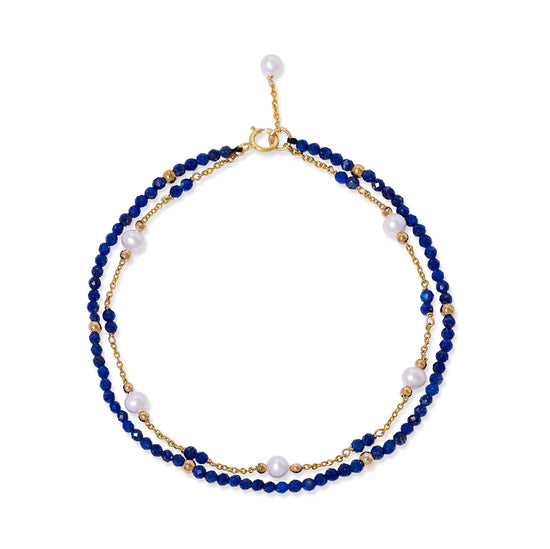 Clara fine double chain bracelet with cultured freshwater pearls & lapis lazuli