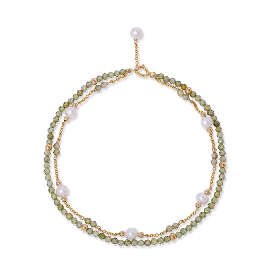 Load image into Gallery viewer, Clara fine double chain bracelet with cultured freshwater pearls &amp;amp; peridot
