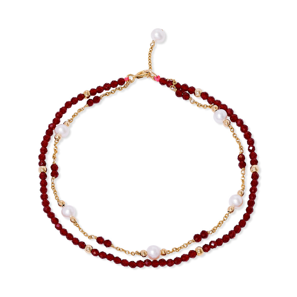 Clara fine double chain bracelet with cultured freshwater pearls & red spinel