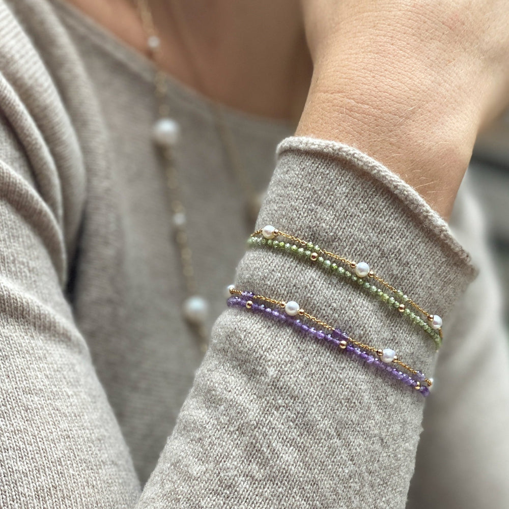 
                  
                    Clara fine double chain bracelet with cultured freshwater pearls & amethyst
                  
                