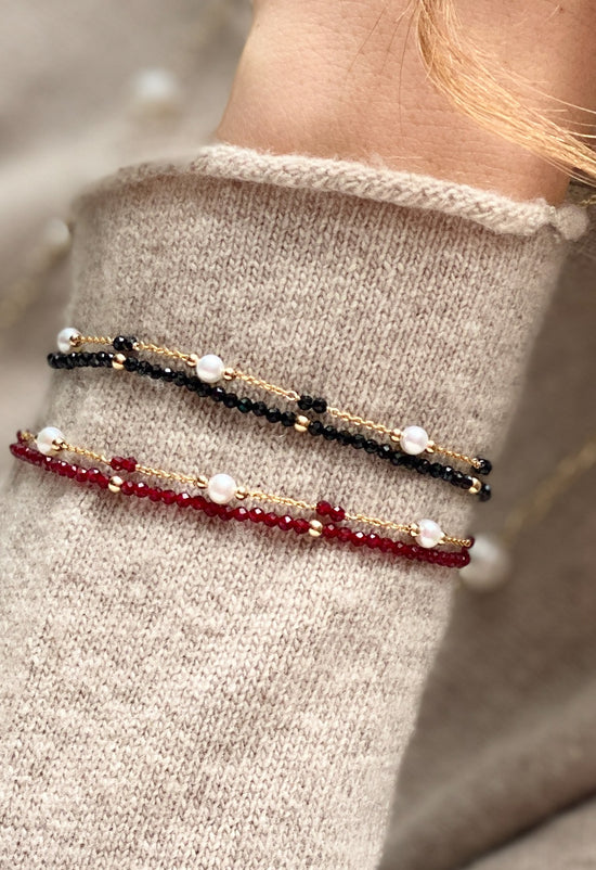 Clara fine double chain bracelet with cultured freshwater pearls & red spinel