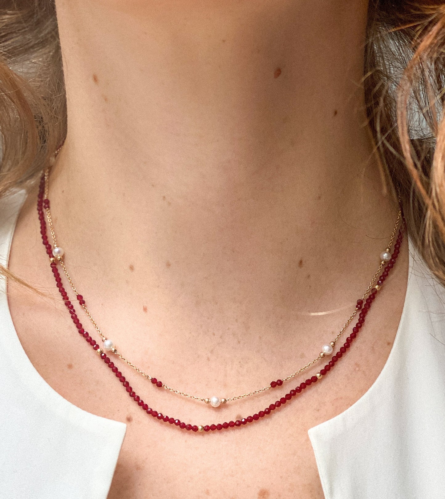 Clara fine double chain set with faceted red spinel & cultured freshwater pearls