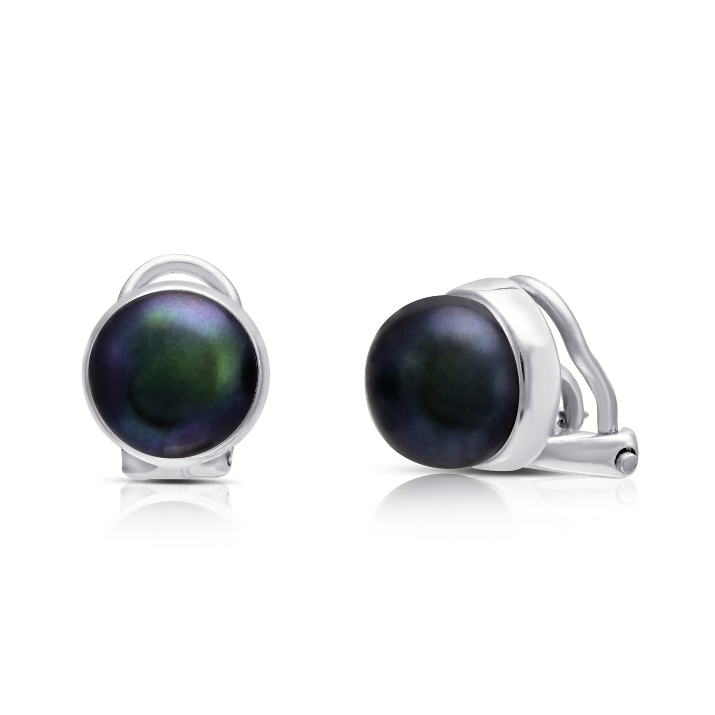 Margarita black cultured freshwater button pearl clip-on earrings with silver surround