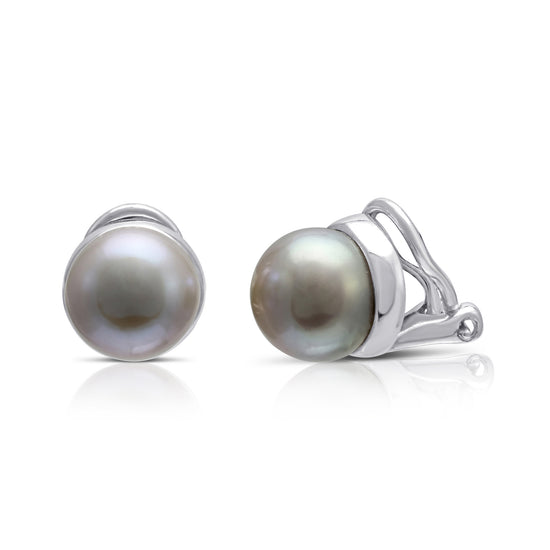 Margarita grey cultured freshwater button pearl clip-on earrings with silver surround