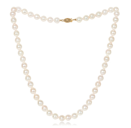 Gratia 7mm almost round cultured akoya pearl necklace on 14kt gold clasp