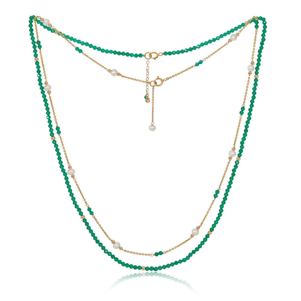 Clara fine double chain set with faceted emerald green crystal & cultured freshwater pearls