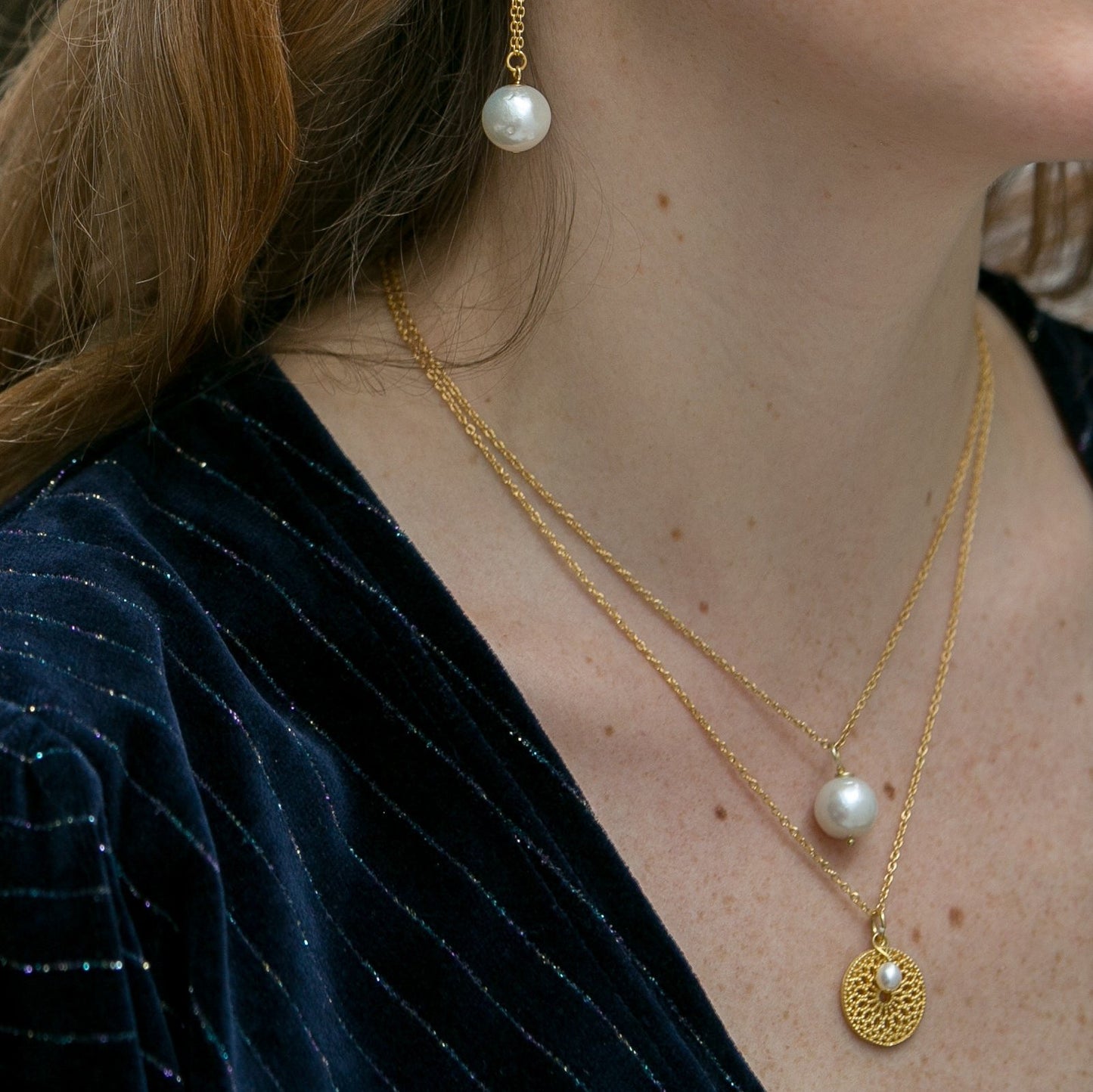 Credo almost round cultured freshwater pearl pendant on gold chain