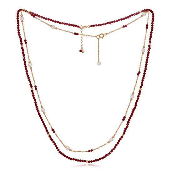 Clara fine double chain set with faceted red spinel & cultured freshwater pearls