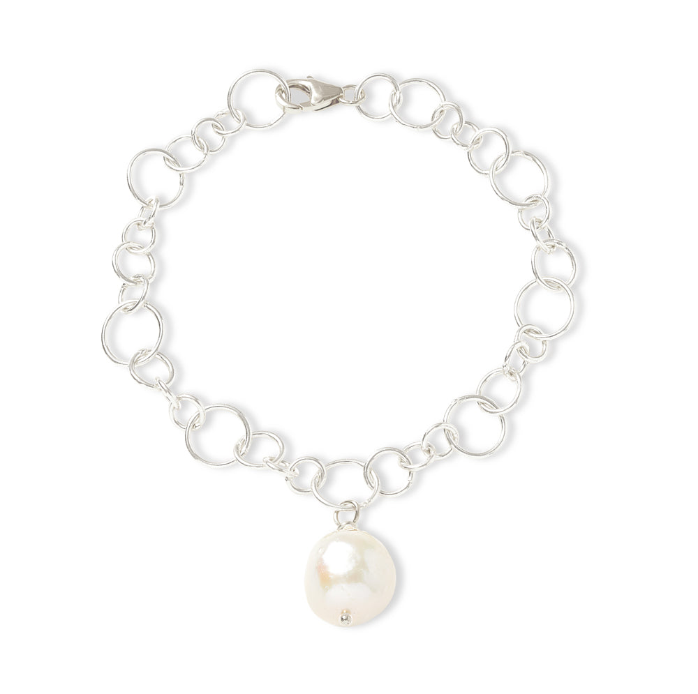 Decus baroque cultured freshwater pearl drop on chunky silver chain bracelet