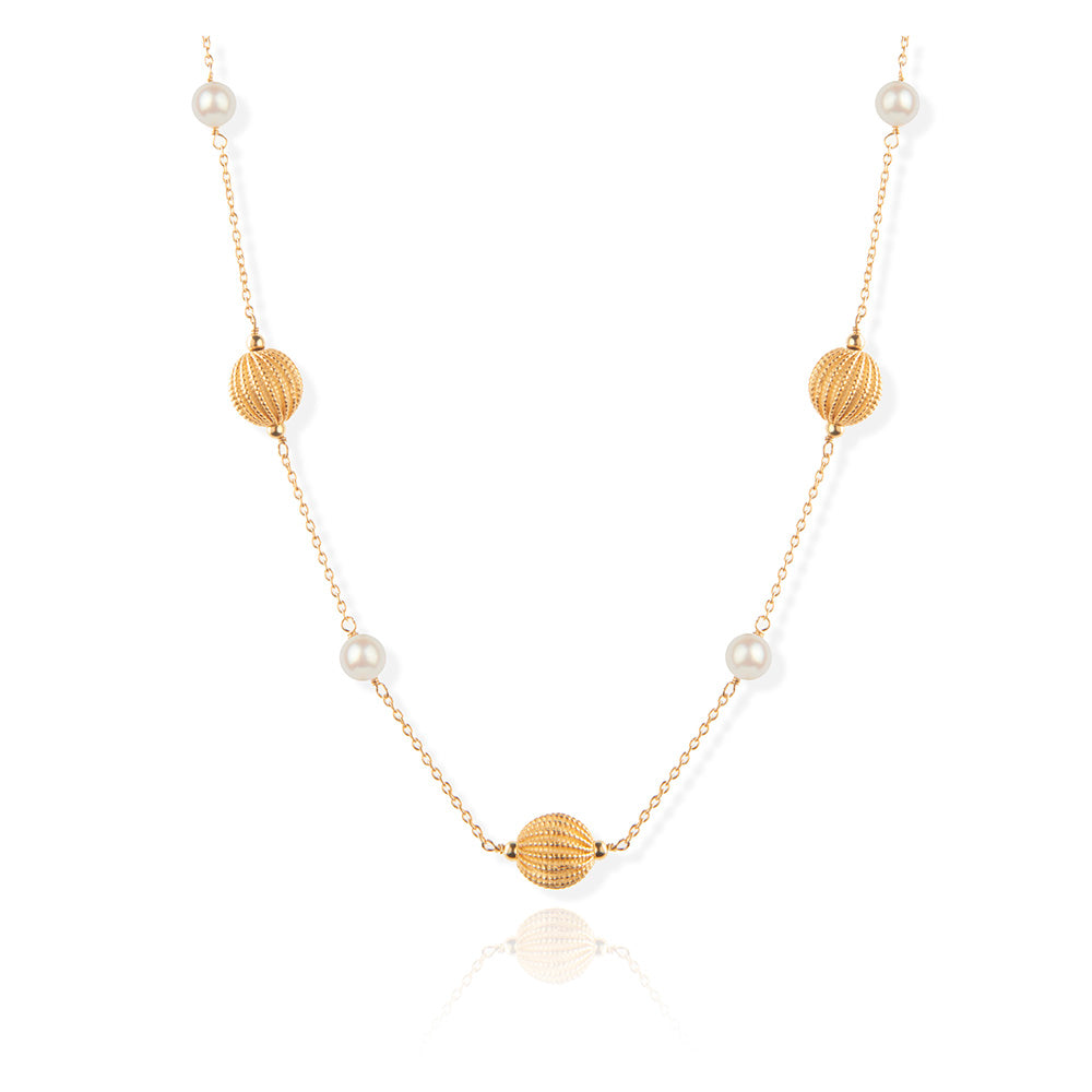 Load image into Gallery viewer, Decus textured gold ball chain necklace with cultured freshwater pearls
