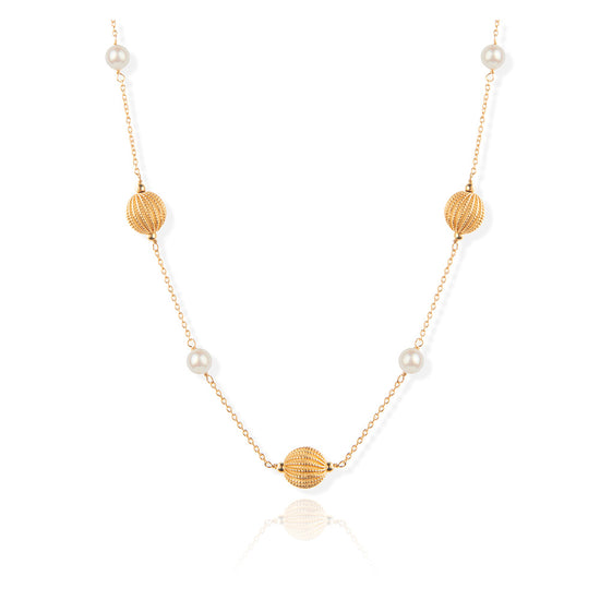 Load image into Gallery viewer, Decus textured gold ball chain necklace with cultured freshwater pearls
