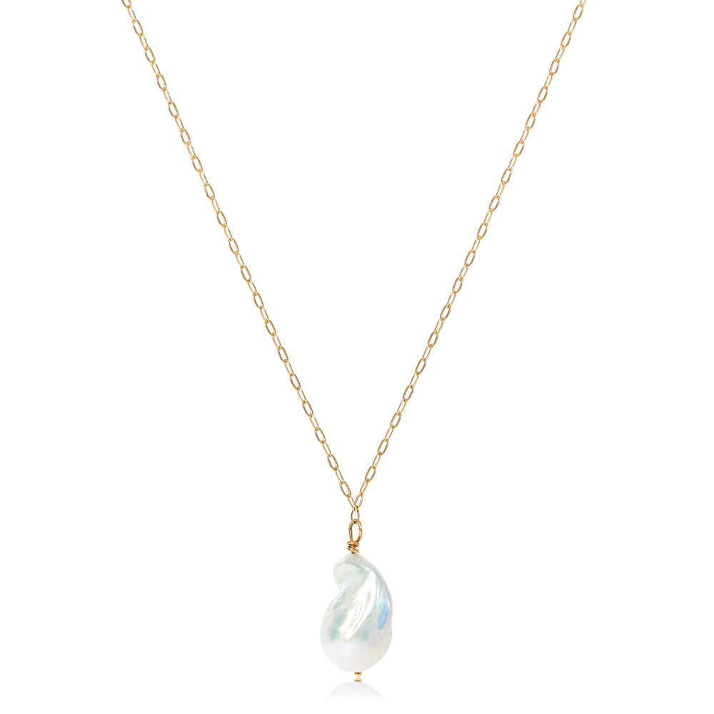 Decus large baroque 'fireball' cultured freshwater pearl drop pendant on gold link chain