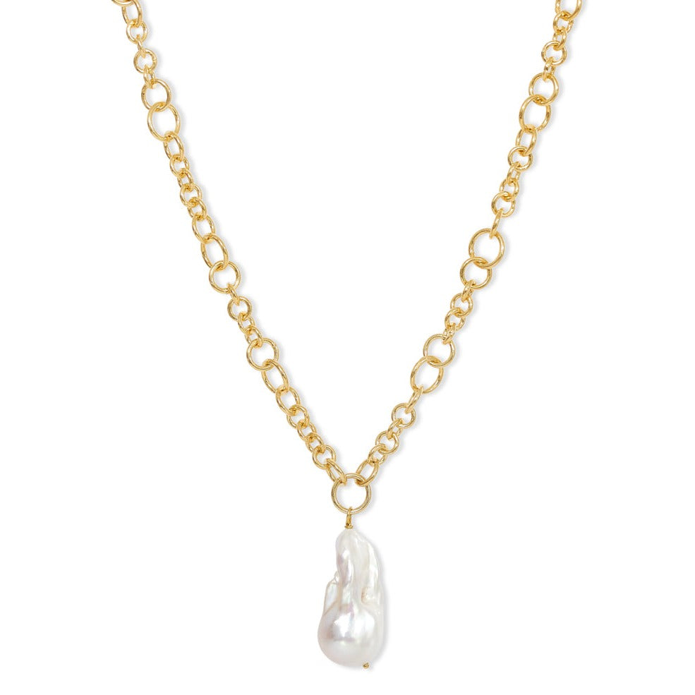 Decus large baroque 'fireball' cultured freshwater pearl drop on chunky gold chain