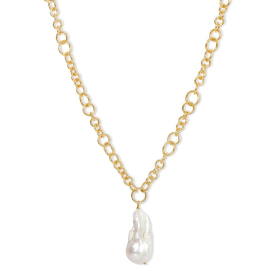 Load image into Gallery viewer, Decus large baroque &amp;#39;fireball&amp;#39; cultured freshwater pearl drop on chunky gold chain

