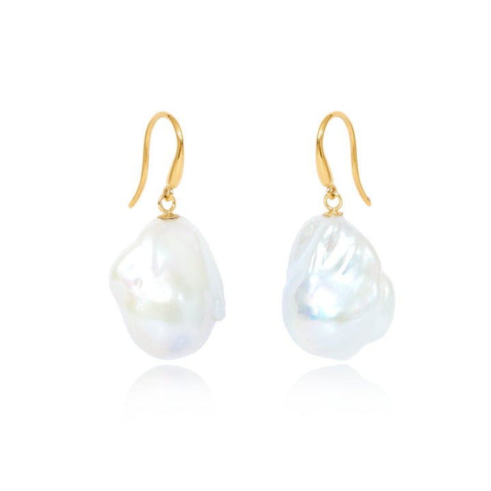 Decus large baroque cultured freshwater pearl drop earrings on gold plated silver