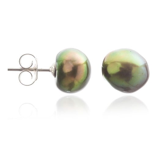 Margarita dark green irregular cultured freshwater pearl studs