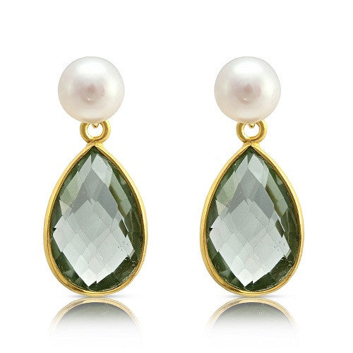 Load image into Gallery viewer, Clara Cultured Freshwater Pearl &amp;amp; Green Amethyst Drop Earrings
