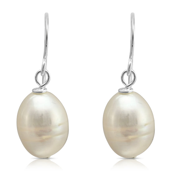 Margarita white oval baroque cultured freshwater pearls on sterling silver hooks
