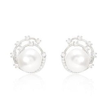 Stella cultured freshwater pearl stud earrings with silver sparkle swirl