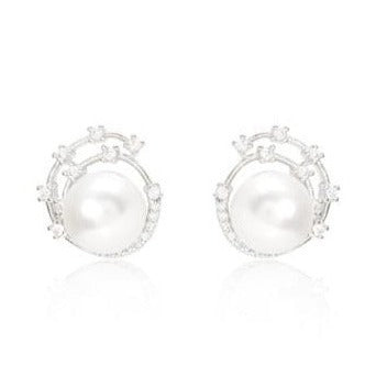 Stella cultured freshwater pearl stud earrings with silver sparkle swirl