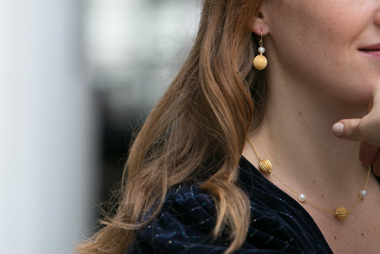 Decus textured gold ball & cultured freshwater pearl drop earrings