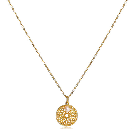 Credo disk pendant with cultured freshwater pearl drop