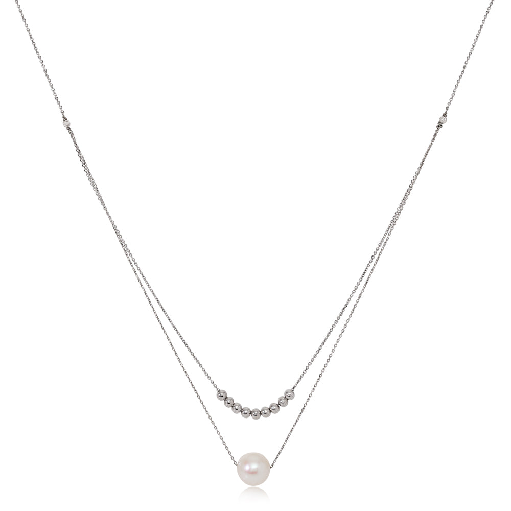 Gratia double silver chain necklace with cultured freshwater pearl