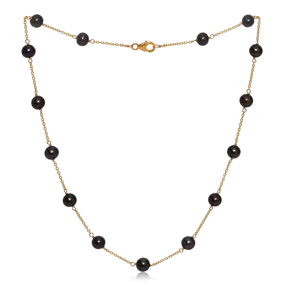 Gratia gold plated sterling silver chain necklace with black cultured freshwater pearls