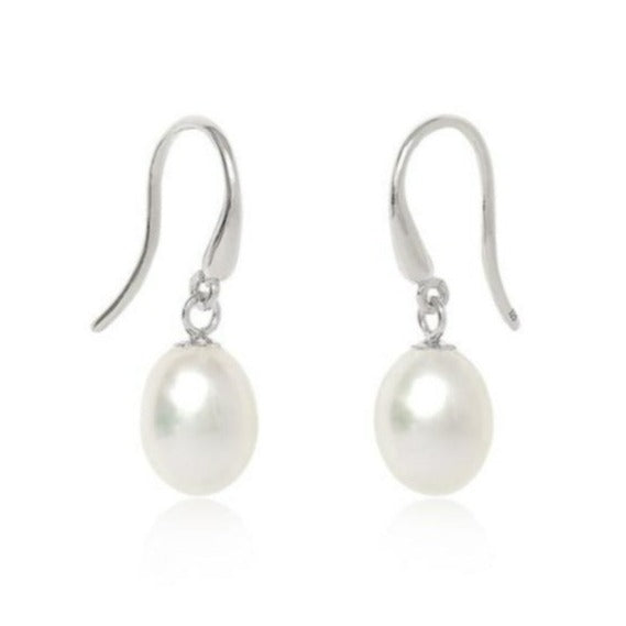Gratia cultured freshwater teardrop pearl hanging earrings on thick silver hooks