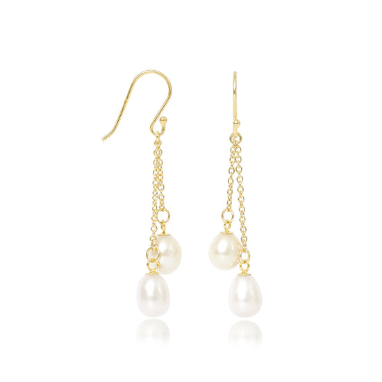 Gratia double cultured freshwater teardrop pearl earrings on gold vermeil chain