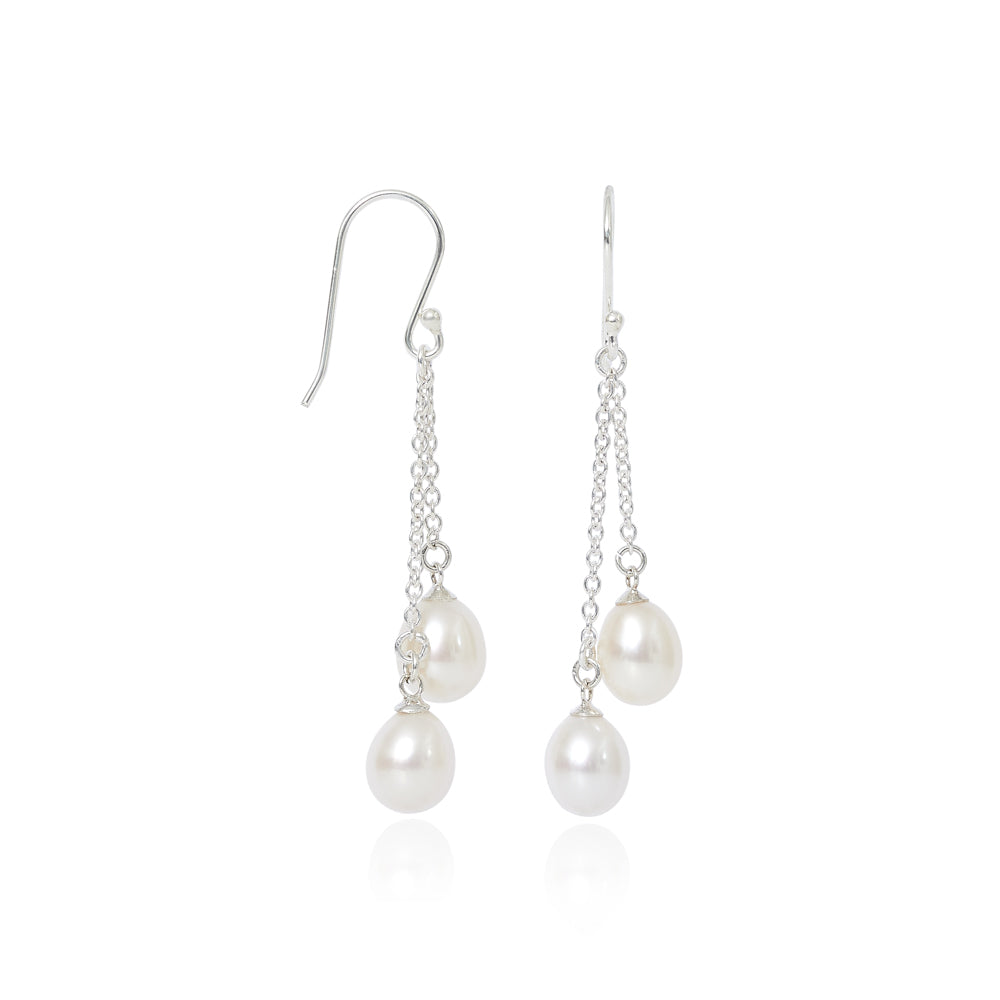 Gratia double cultured freshwater teardrop pearl earrings on sterling silver chain