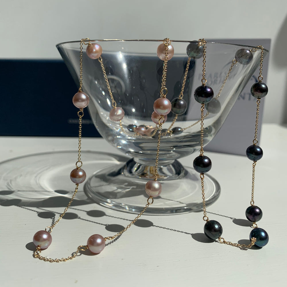
                  
                    Gratia gold plated sterling silver chain necklace with black cultured freshwater pearls
                  
                