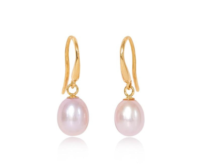 Load image into Gallery viewer, Gratia pink cultured freshwater teardrop pearl hanging earrings on thick gold-plated silver hooks
