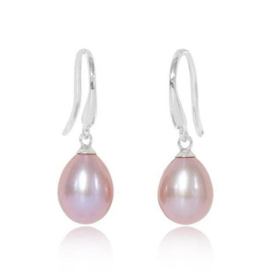 Gratia cultured pink freshwater teardrop pearl hanging earrings on thick silver hooks