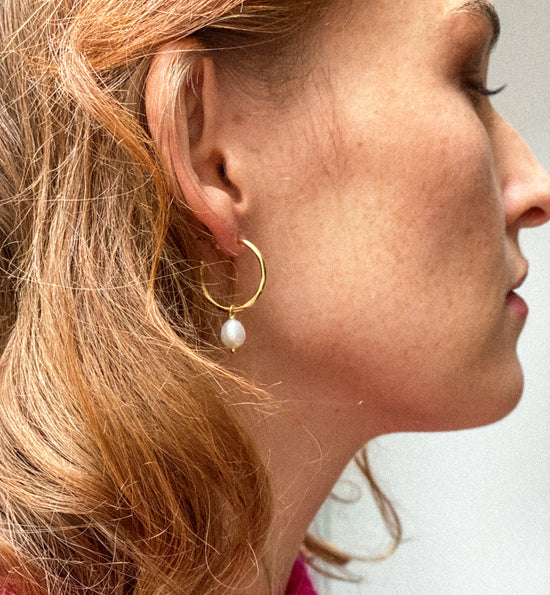 Gratia Large Gold Vermeil Hoop Earrings with Cultured Freshwater Pearl Drops