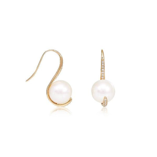 Load image into Gallery viewer, Gratia 9mm cultured freshwater pearl &amp;amp; cubic zirconia curved earrings set in 14kt yellow gold
