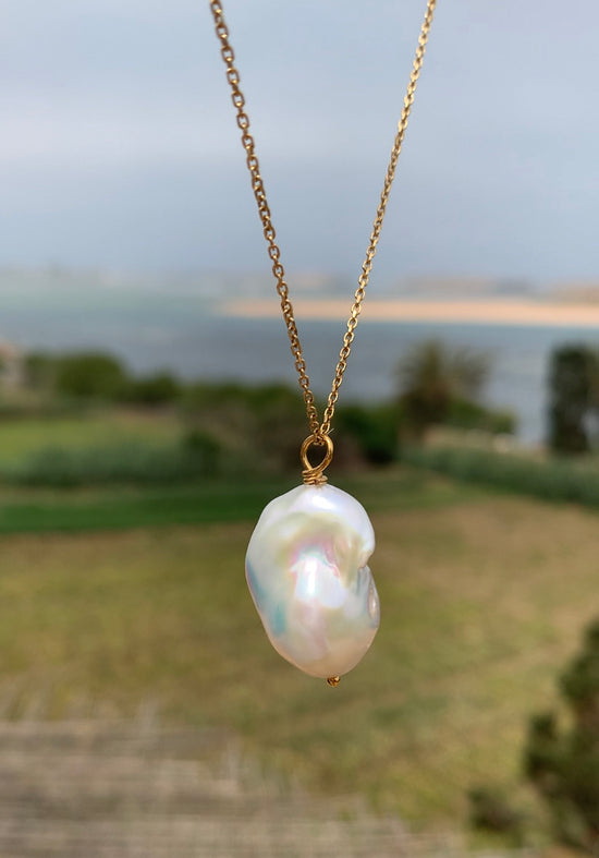 Decus large baroque 'fireball' cultured freshwater pearl drop pendant on gold chain