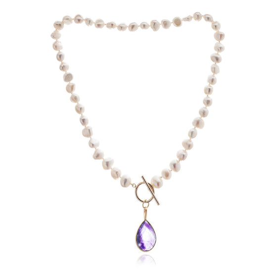 Clara cultured irregular freshwater pearl necklace with amethyst gold vermeil drop