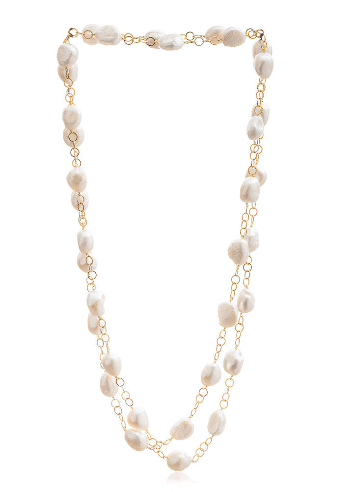 Decus cultured irregular freshwater pearl long gold plate chain necklace