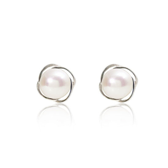 Gratia cultured freshwater pearl stud earrings with silver swirl surro –  Pearls of the Orient Online