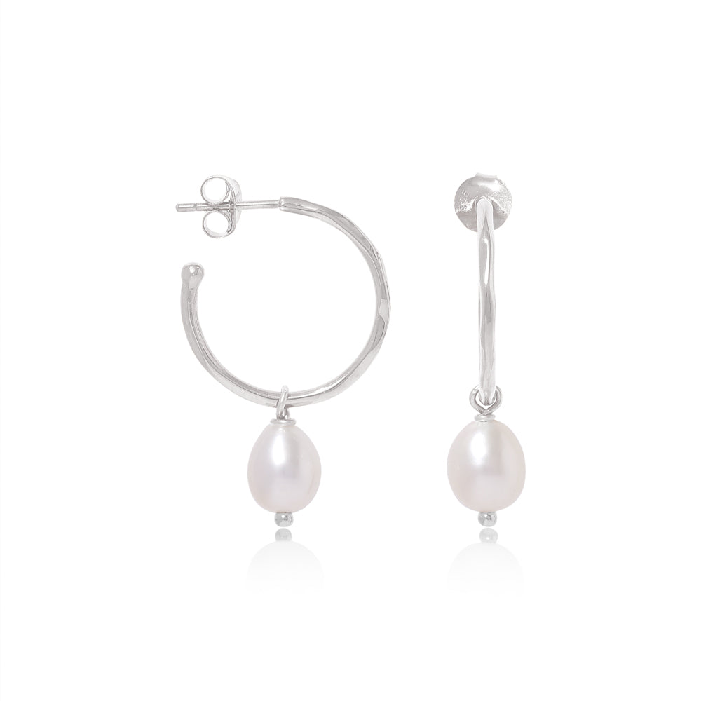 Load image into Gallery viewer, Gratia large Silver Hoop Earrings with Cultured Freshwater Pearl Drops
