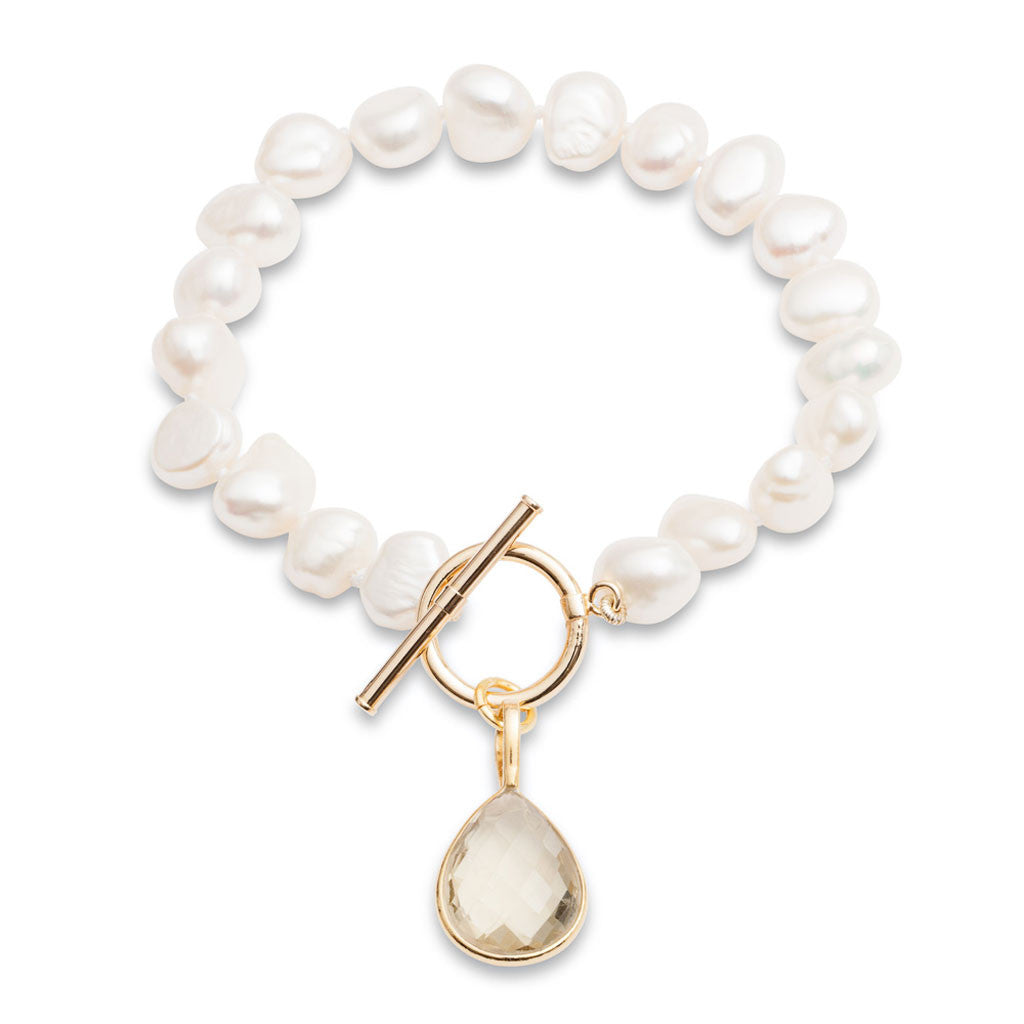 Clara white cultured freshwater pearl bracelet with a lemon topaz drop pendant