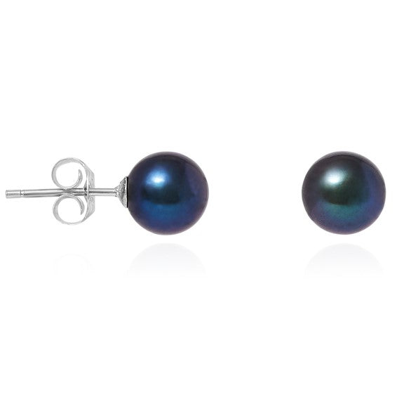 Margarita black round cultured freshwater pearl stud earrings on silver