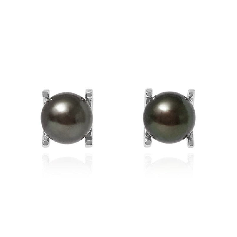 Margarita black cultured freshwater pearl stud earrings in silver claw settings
